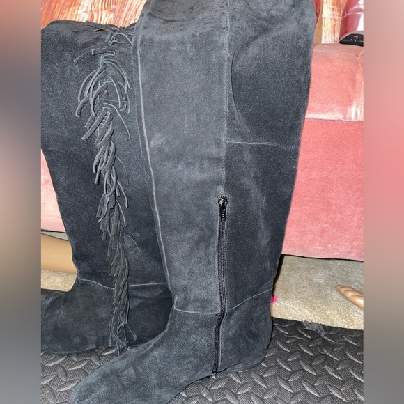 ❌SOLD❌Nine West Vapretaport Black Suede OTK Boots w/ Side Fringe Size 9M - Picture 4 of 10